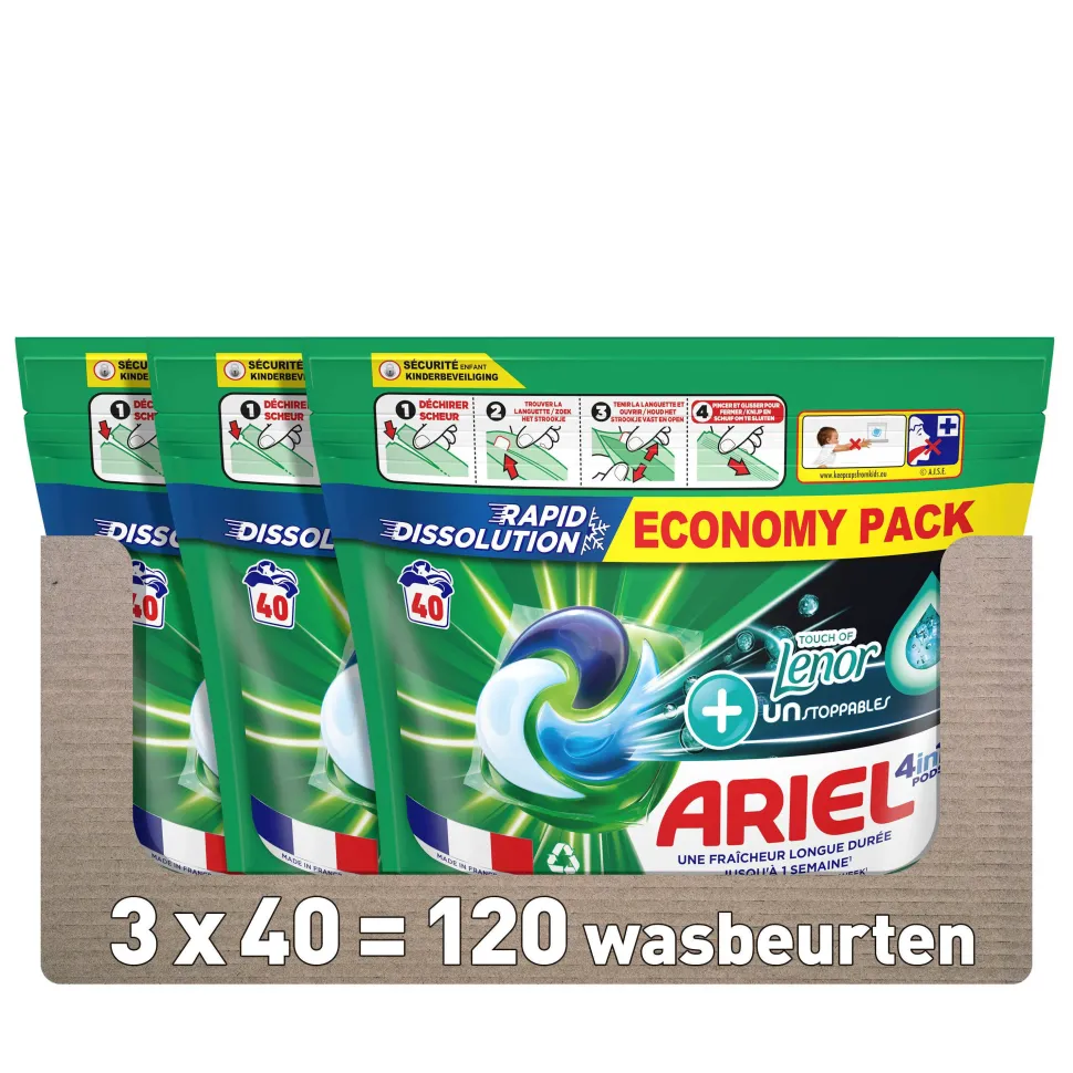 Ariel Pods+ Vloeibaar Wasmiddelcapsules + Touch Van Lenor Unst Color - 3 X 40 Wasbeurten - 120 Wasbeurten